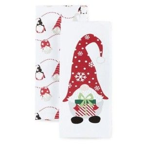 NWT HomeWear Holiday Hanging Gnome 2 Pc Dish/Kitchen Towel Set Christmas